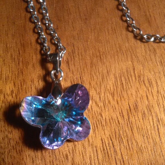 Mystic Color Crystal Brass Butterfly Pendant Stainless Steel Necklace - Picture 3 of 12